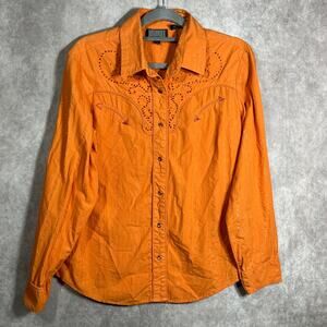 Roughrider Western Shirt Womens‎ Large Orange Metallic Rhinestones Pearl Snap